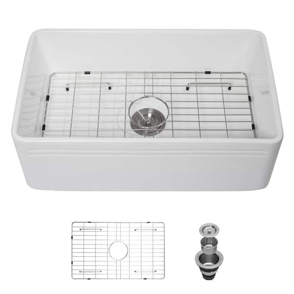 Unbranded White Ceramic 30 in. Rectangular Single Bowl Reversible Farmhouse Apron Kitchen Sink with Grid and Strainer