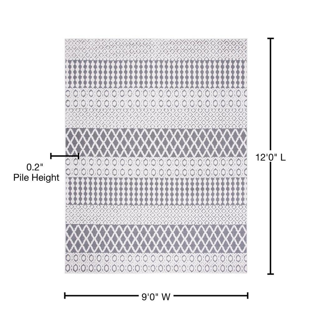 Ivory and Grey Geometric 9' x 12' Synthetic Indoor/Outdoor Rug