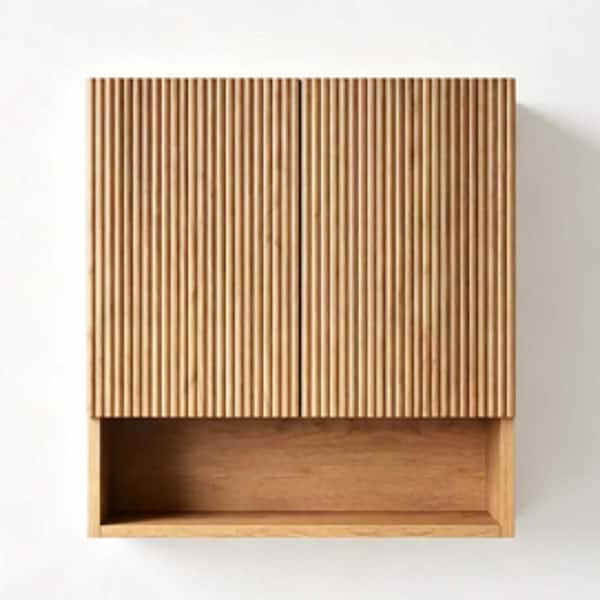 26 in. W x 8 in. D x 30 in. H Striped Bathroom Storage Wall Cabinet with Shelf Doors Open Storage Compartment in Natural