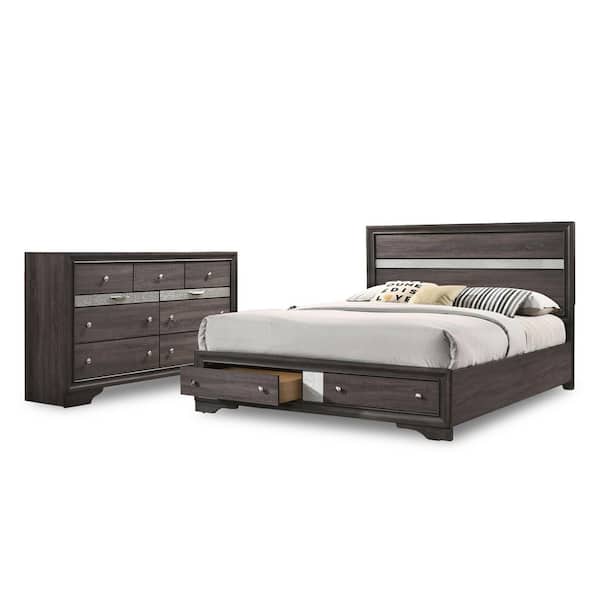 Ekon 2-Piece Gray Queen Wood Bedroom Set, Bed and Dresser