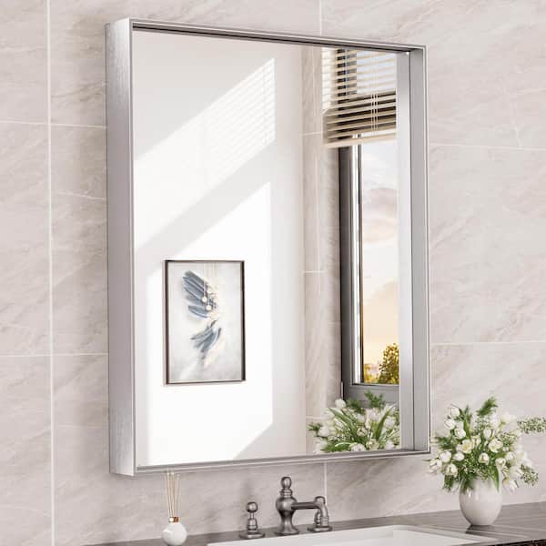 KeonJinn 30 in. W x 36 in. H Rectangular Framed Aluminum Square Corner Wall Mount Bathroom Vanity Mirror in Brushed Silver