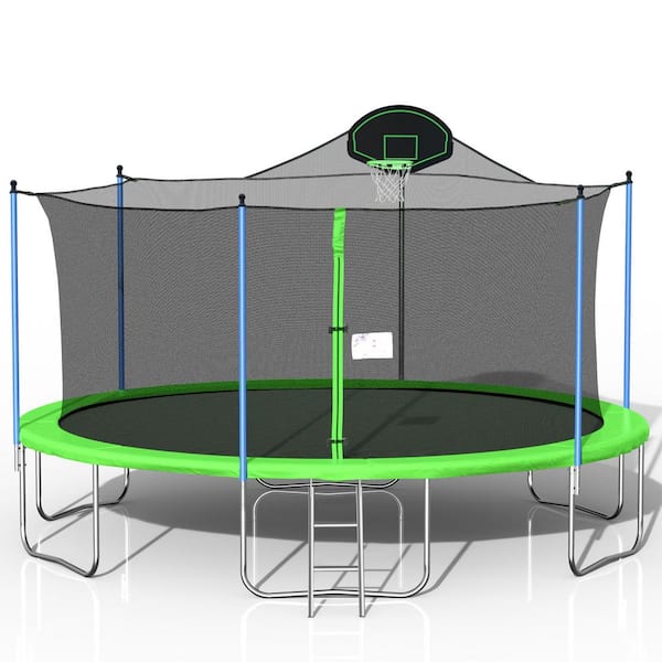 SUNRINX 16 ft. Green Round Trampoline with Enclosure Net and Basketball Hoop