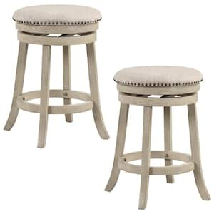 Swivel 26.5 in. Beige, Natural Finish Backless Rubber Wood Frame Bar Stool Counter Stool with Linen Fabric Seat 2 Stools