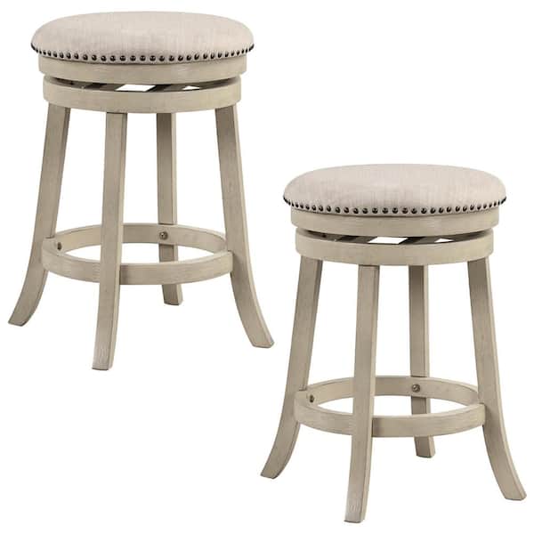 Costway Swivel 26.5 in. Beige, Natural Finish Backless Rubber Wood Frame Bar Stool Counter Stool with Linen Fabric Seat 2 Stools