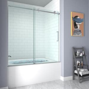 55 in. - 59 in. W x 60 in. H Contemporary Single Sliding Frameless Bathtub Door in Brushed Nickel with Clear Glass