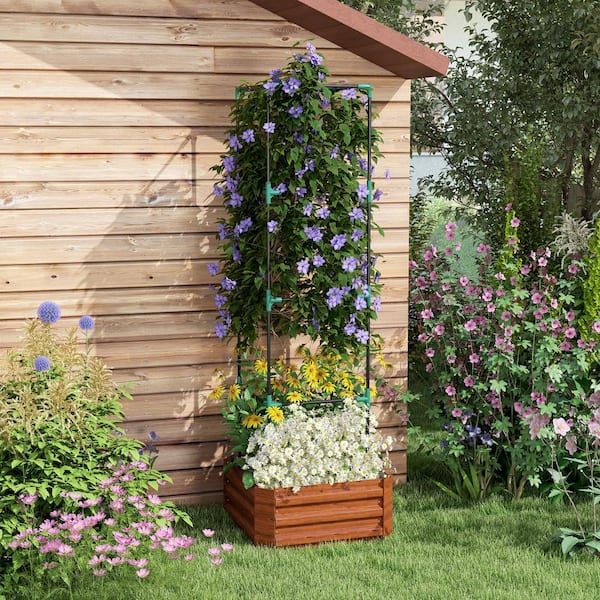 73 .5 in. x 24 in. Outdoor Planter Box with Trellis Galvanized Raised Garden Bed Open Bottom for Climbing Plants, Brown