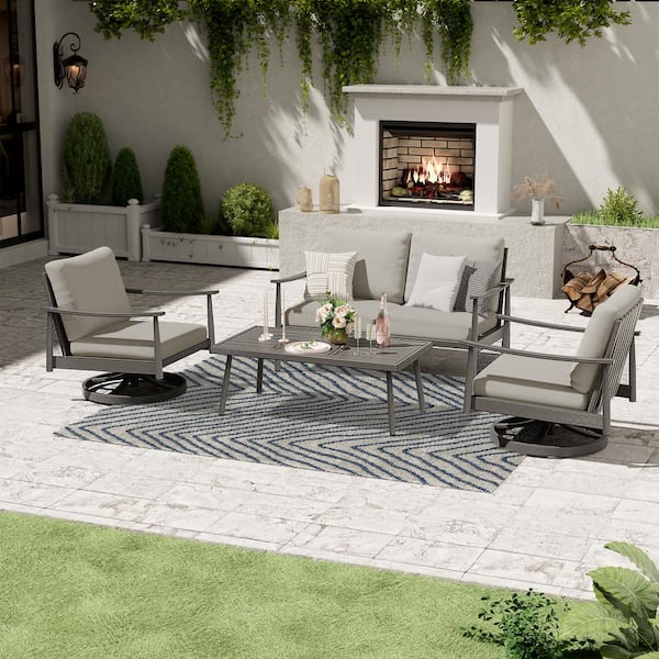 4-Person Aluminum Patio Conversation Set with 2 Swivel Chairs, Loveseat, Coffee Table and Gray Cushions