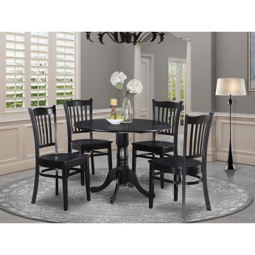 5-Piece Round Black Finish Solid Wood Top Dining table with 4 Chairs with Lattice Back