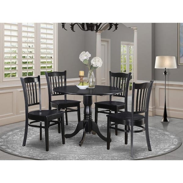 East West Furniture 5-Piece Round Black Finish Solid Wood Top Dining table with 4 Chairs with Lattice Back
