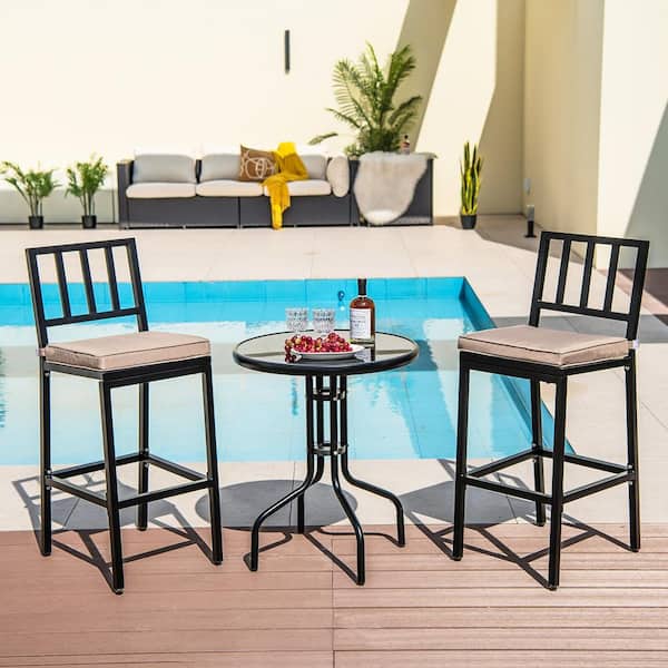 ANGELES HOME Metal Quick Installation Outdoor Bar Stool with Beige Cushion (2-Pack)