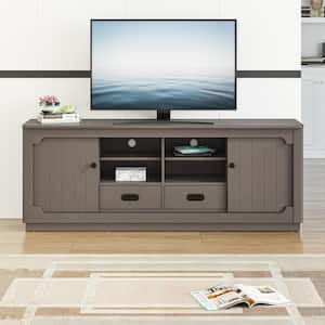 Farmhouse Oak Brown 67 in. TV Stand with Built-In Sliding Doors Storage Cabinet and Open Shelves