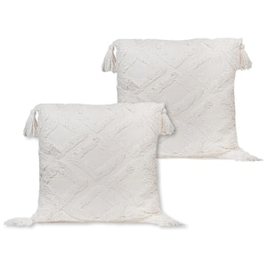 Macrame 18 in. x 18 in. White Outdoor Throw Pillow with Tassels (2-Pack)