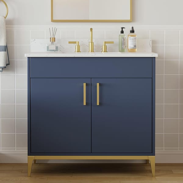 DELUXE DL LIVING Barrie 37 in. Single Sink Freestanding Blue Bath Vanity with White Engineered Stone Top and Backsplash Assembled
