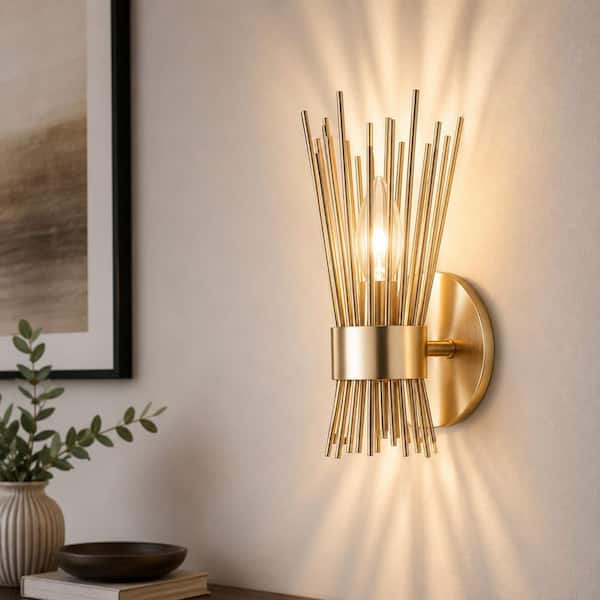 10 in. 1-Light Brushed Gold Sconce with Open Rod Metal Shade