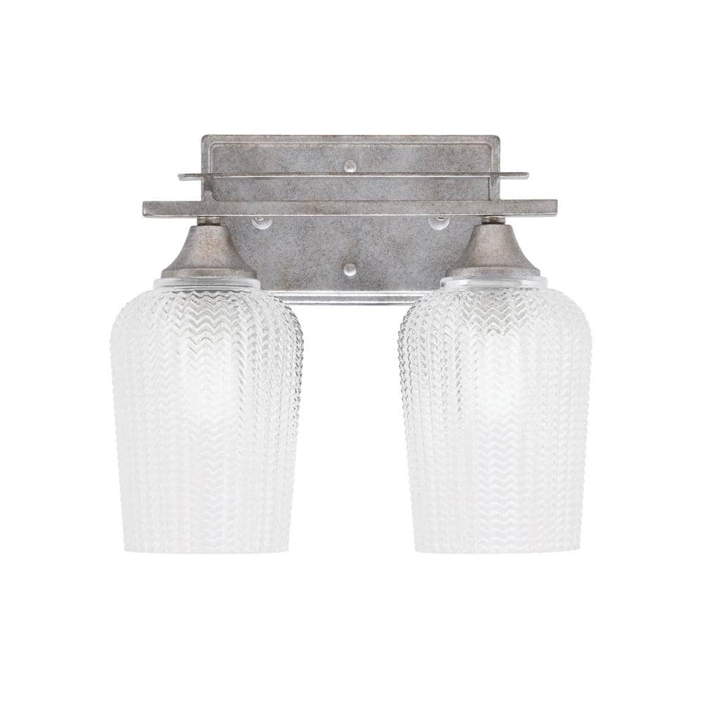 Ontario 12.25 in. 2-Light Vanity Light Aged Silver Clear Textured Glass Sha