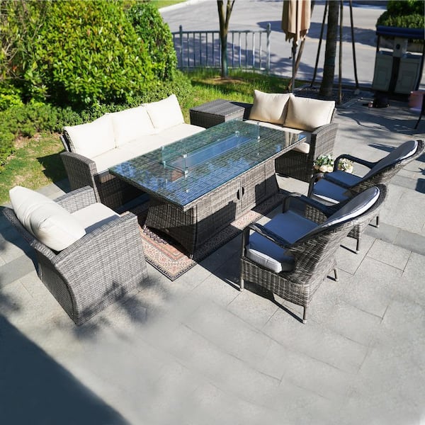 moda furnishings Isabella Gray 7-Piece Wicker Patio Fire Pit Conversation Chair Set with Beige Cushion