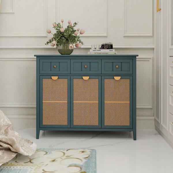 Unbranded 43.21 in. W x 15.35 in. D x 35.63 in. H Green Linen Cabinet with 3 Natural Rattan Doors and 3 Drawers TSUKI 118