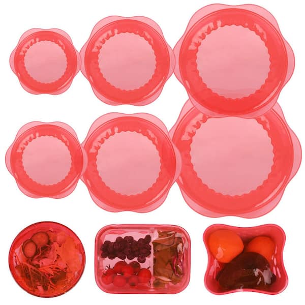 Red Reusable Silicone Stretch Elastic Food Covers for Bowls, Round, and Rectangle Containers (6-Pack)