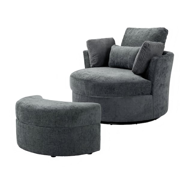 Gray Cotton Upholstered 360° Swivel Accent Barrel Chair with Storage Ottoman and Corduroy Pillows (Set of 1)