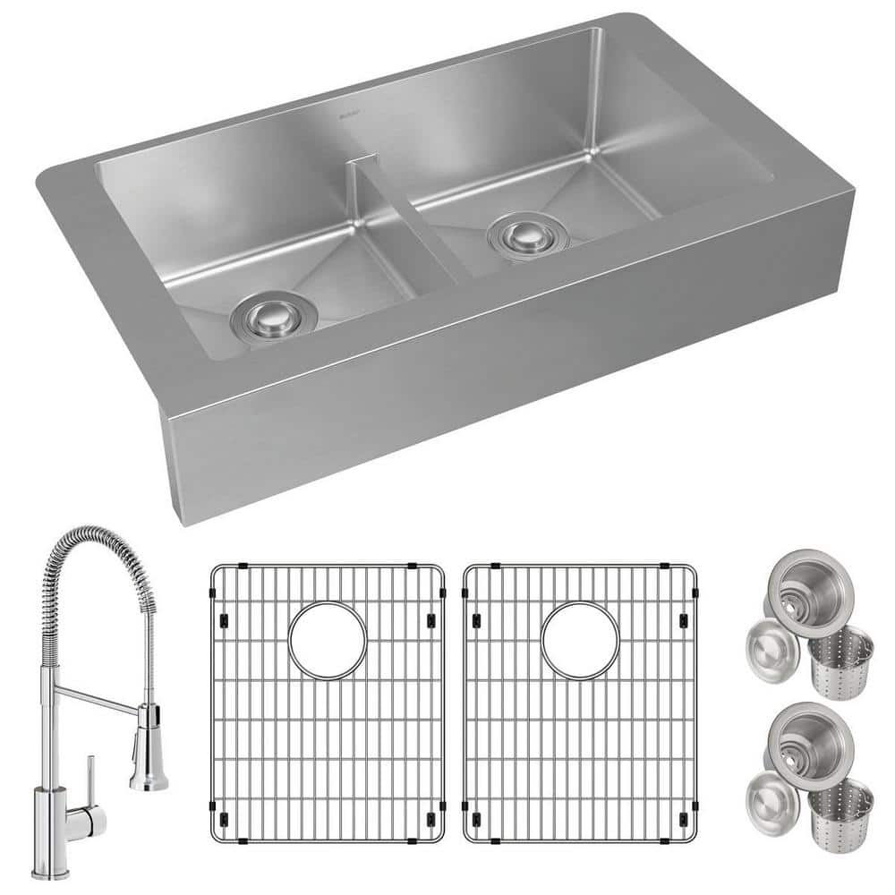 Elkay Crosstown 18-Gauge Stainless Steel 35.875 in. 2-Bowl Farmhouse Apron Kitchen Sink with Faucet, Bottom Grids and Drains, Polished Satin -  ECTRUFA32179FBC