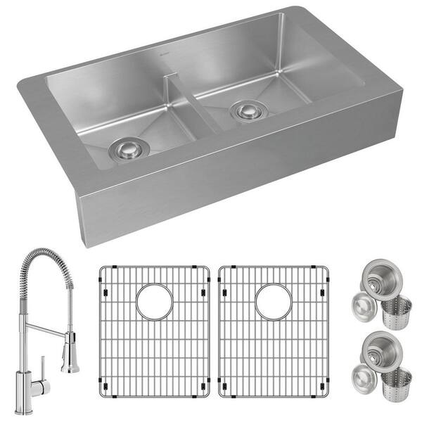 Elkay Crosstown 18-Gauge Stainless Steel 35.875 in. 2-Bowl Farmhouse Apron Kitchen Sink with Faucet, Bottom Grids and Drains