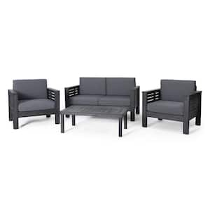 4-Piece Teak Acacia Wood Outdoor Loveseat and Coffee Table Set for Patio Garden with Dark Grey Cushions