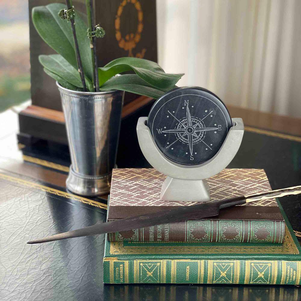 Hand-Carved Dark Gray Soapstone Compass Sculpture
