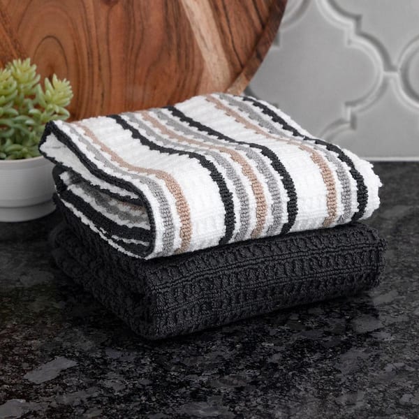 T-fal Gray Solid and Stripe Waffle Cotton Kitchen Towel Set of 2 94654 -  The Home Depot
