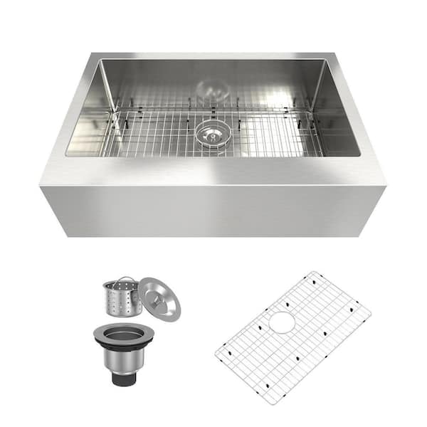 33 in. Farmhouse Apron Front Single Bowl Brushed Stainless Steel Kitchen Sink with Drainage Grid and Drain Assembly