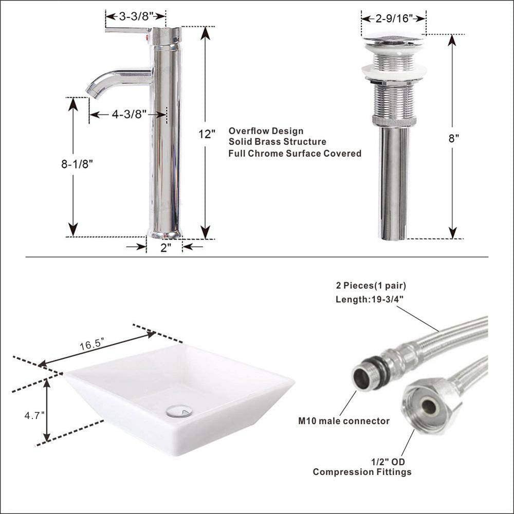 16.5" White Ceramic Square Bathroom Vessel Sink with Faucet