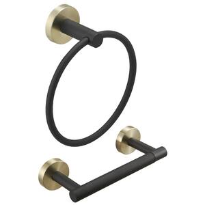 2-Piece Bath Hardware Set with Towel Ring Toilet Paper Holder Double Post SUS304 Stainless Steel 2pc in Black Gold