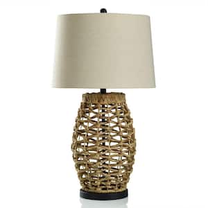 30 in. Natural Woven, Cream Pineapple Task and Reading Table Lamp for Living Room with Yellow Linen Shade
