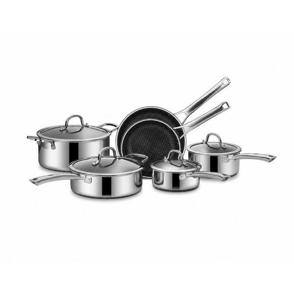 10-Piece Induction Compatible Stainless Steel Non Stick Cookware Set with Frying Pans Saucepans Saute Stock Pot