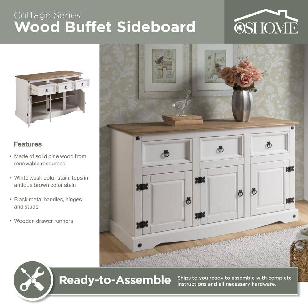 Distressed White Pine Wood Cottage Sideboard with Antique Brown Top