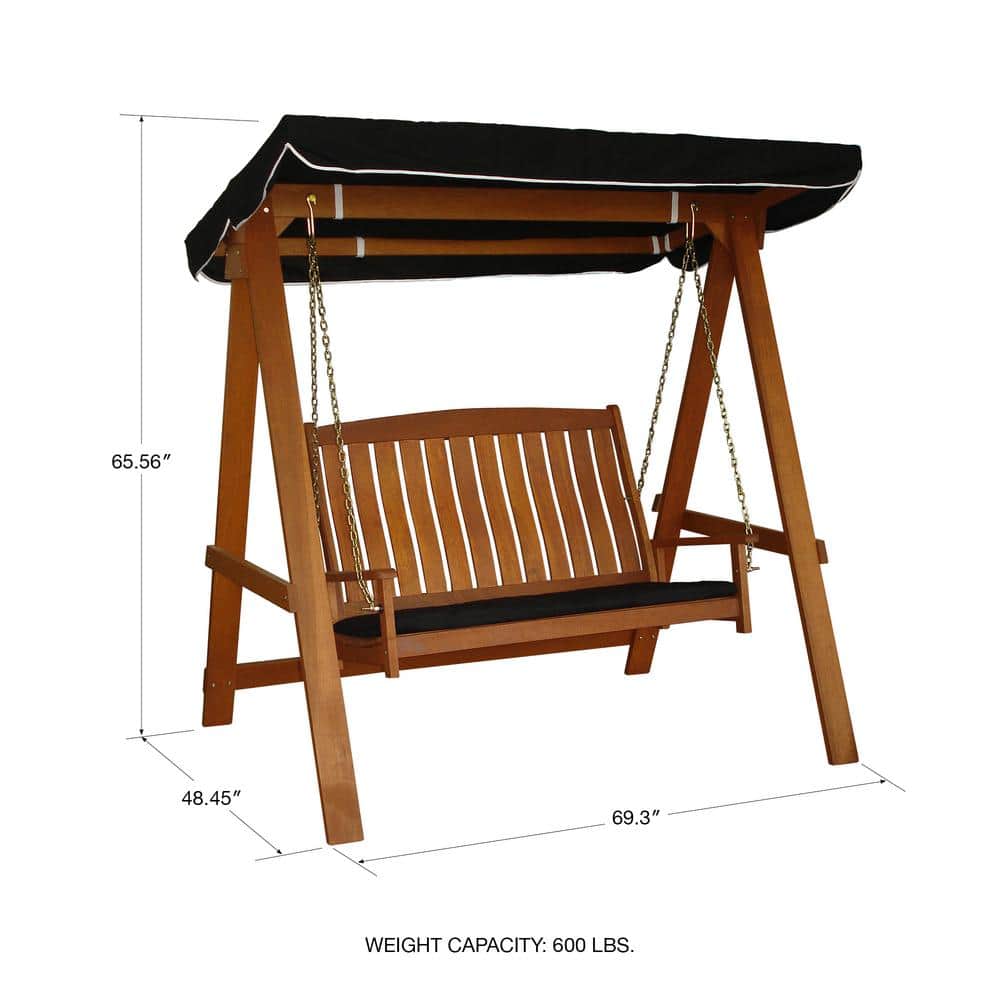 Avoca Brown Shorea Wood 2 Seat Porch Swing with Black Canopy