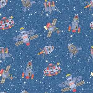 Tiny Tots 2 Cobalt Blue/Primary Colors Glitter Kids Spaceships Design Non-Pasted Non-Woven Paper Wallpaper Roll
