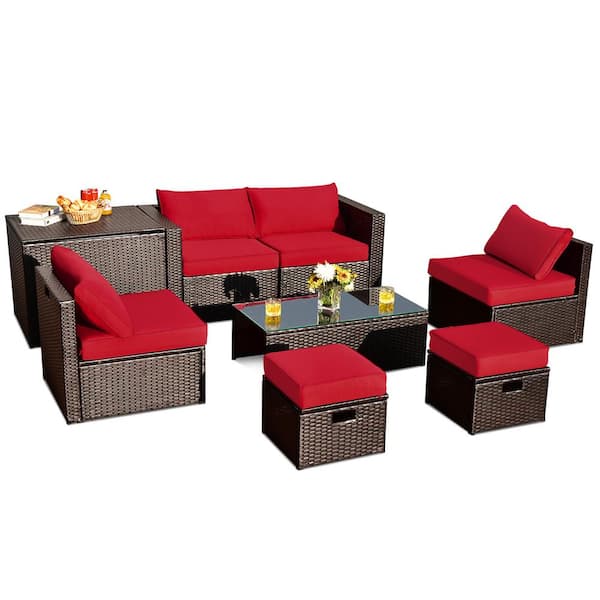 Gymax 8-Piece Patio Rattan PE Wicker Conversation Set All-Weather Furniture Set with Cushions Red