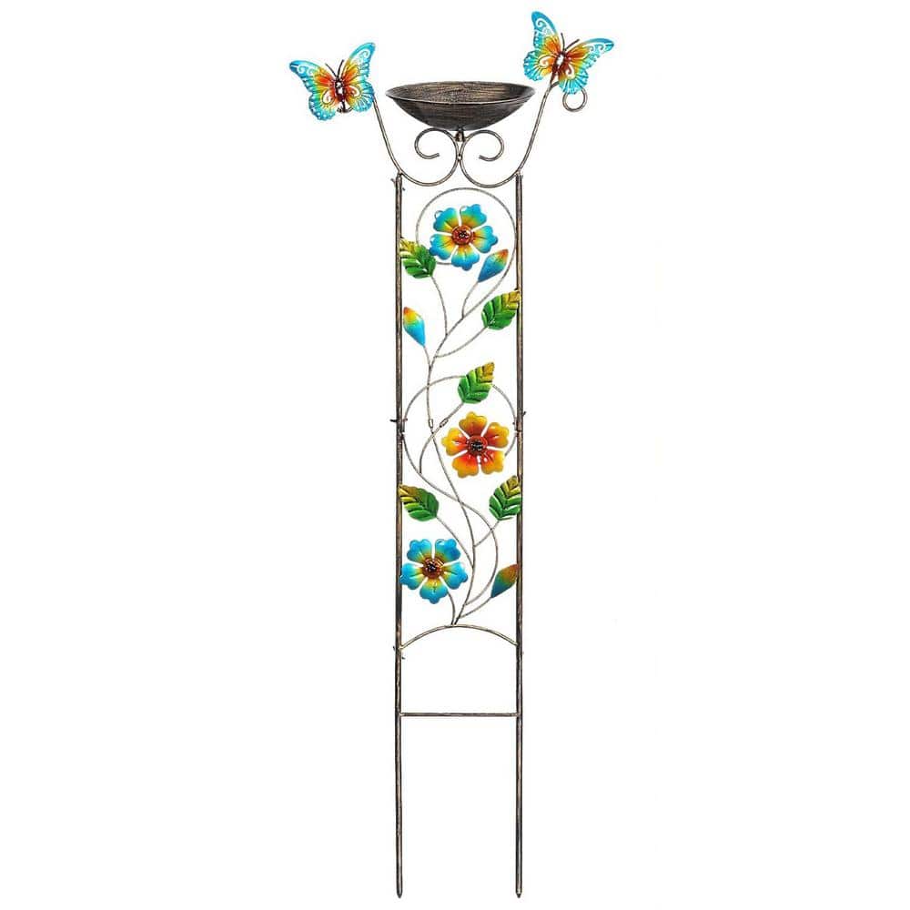 7.3 in. W x 45 in. H Floral Metal Garden Plant Trellis with Bird Bath