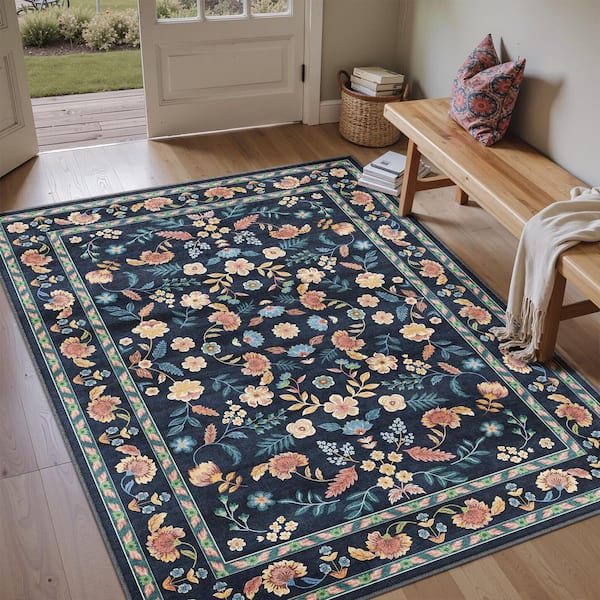 Blossom Navy Blue 5 ft. x 7 ft. Floral Washable Area Rug