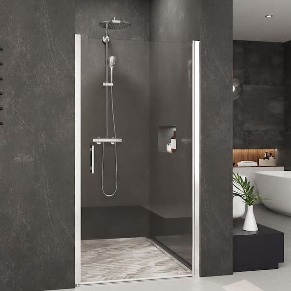 Coporesell 35 in. W x 72 in. H Pivot Semi-Frameless Shower Door in Chrome Finish with Clear Glass