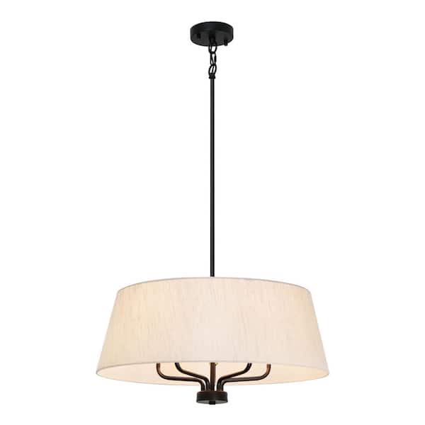 200-Watt 5 Light Black Pendant Light with Spun Fabric Drum Shade for Dining Room, No Bulbs Included