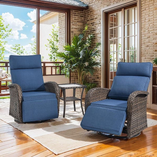 Carlos 3-Piece Outdoor Swivel Recliner Chair with Adjustable Backrest, 360° Swivel Patio Lounge Chair with Blue Cushions