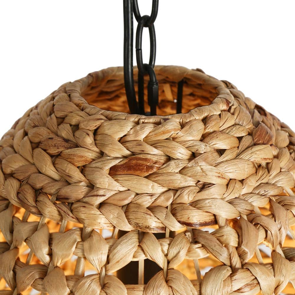 Holophankton 15" Matte Black and Natural Rattan Dome Pendant Light