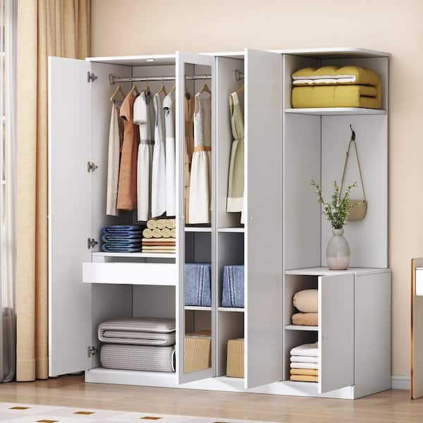 4-Door White Wood 58.9 in Wardrobe with Shelves, Drawers and Full Length Mirror