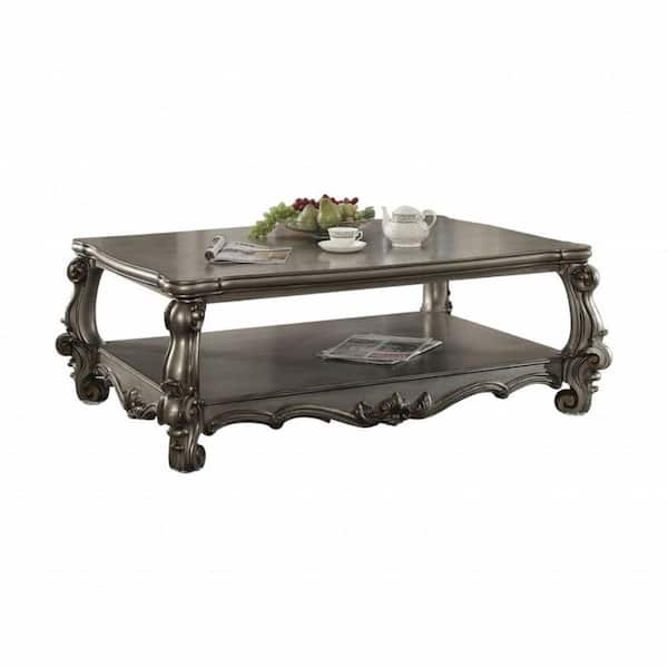 HomeRoots 59 in. Antique Platinum Rectangle Wood Coffee Table with Shelves;Storage