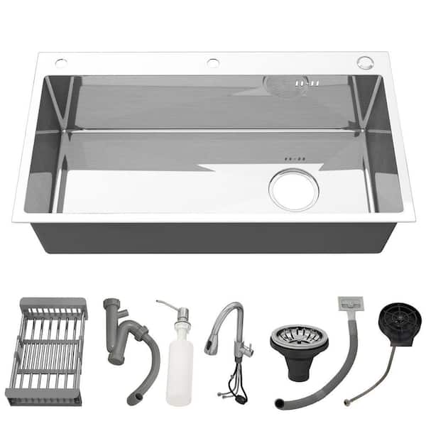 32 in. Drop-In/Undermount Single Bowl Sliver Stainless Steel Kitchen Sink with Faucet