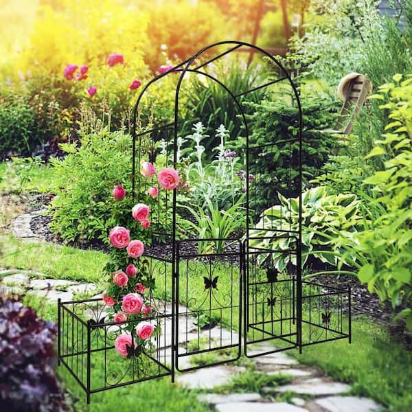 86.6 in. x 79.5 in. Black Metal Garden Arbor with Gate for