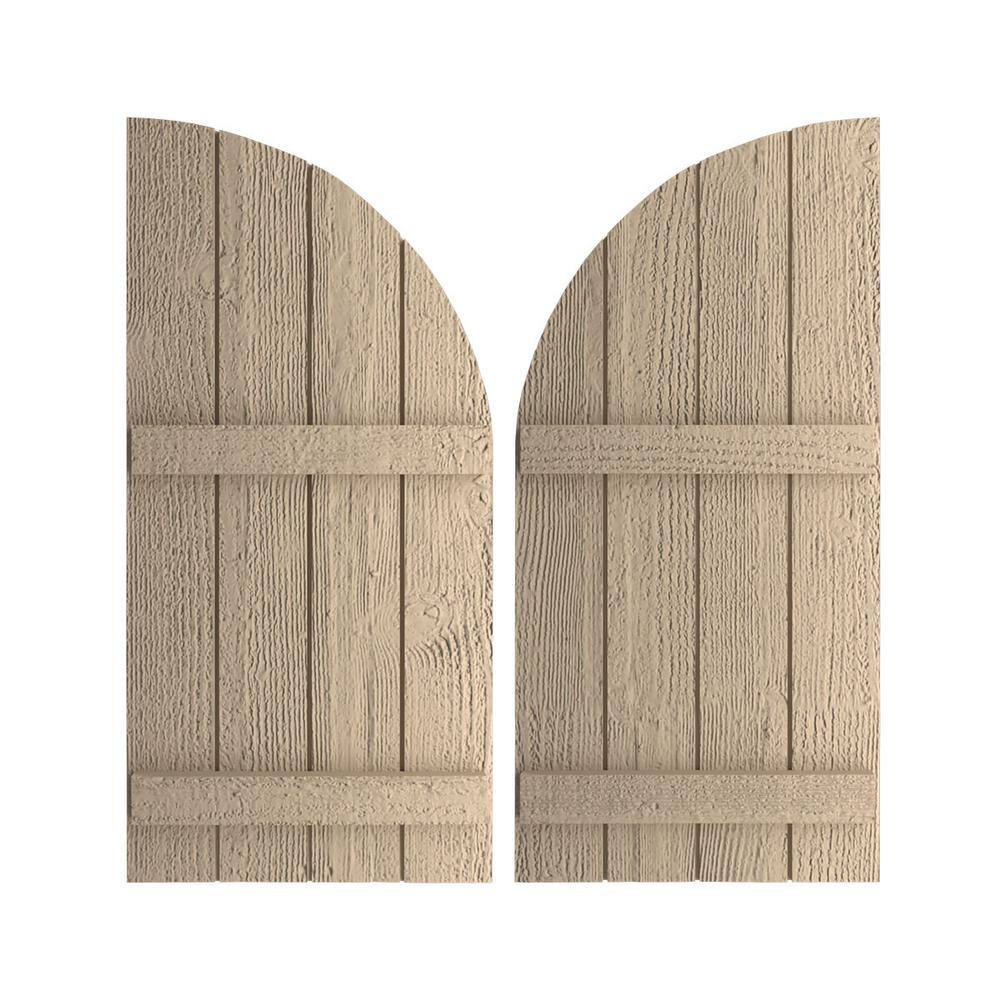 22 in. x 50 in. Polyurethane Rough Sawn 4-Board Joined Board and Quarter Arch Top Shutters Primed Tan