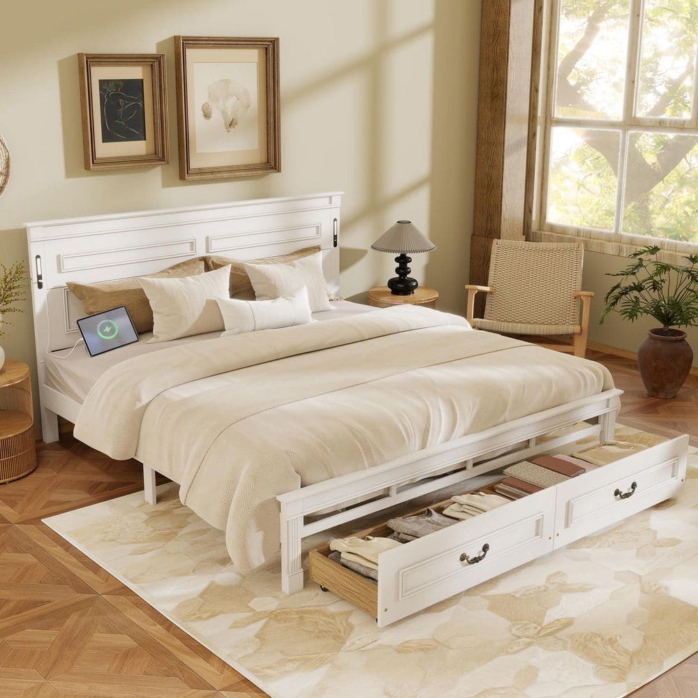 White Wood Frame King Size Platform Bed with 2 Storage Drawers, Built-in LED Lights, USB Charging Station price history on PriceWatchPro