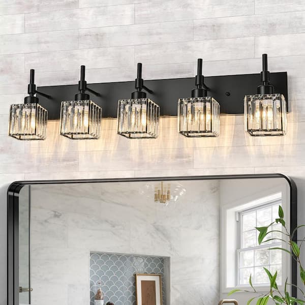 Schonbek 33.1 in. 5-Light Black Dimmable Bathroom Vanity Light with Crystal Shades